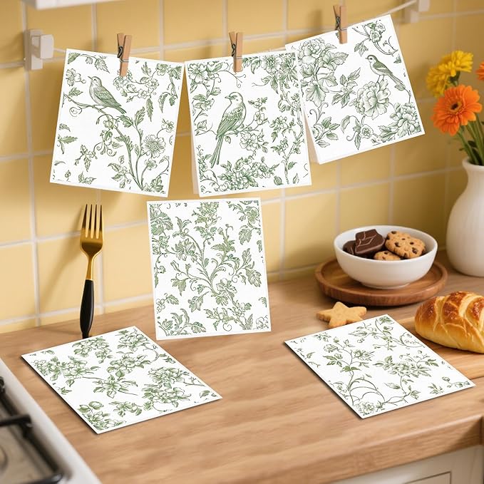 Swedish Dishcloths for Kitchen, 6PCS Sage Green Floral Birds Cellulose Sponge Reusable Paper Towels Washable, Greenery Absorbent Fast Drying Swedish Dish Cloth for Home Cleaning