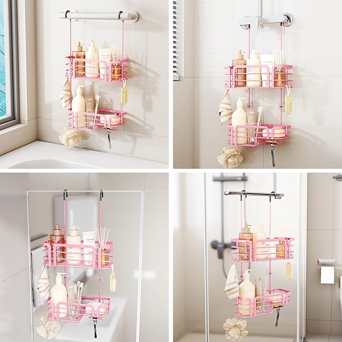 SWTYMIKI Shower Caddy Hanging Organizer - Over the Door Shower Caddy with Soap Holder, 11 Hooks, 2 Installation Ways, Stainless Steel Rustproof Bathroom Organizer, Pink