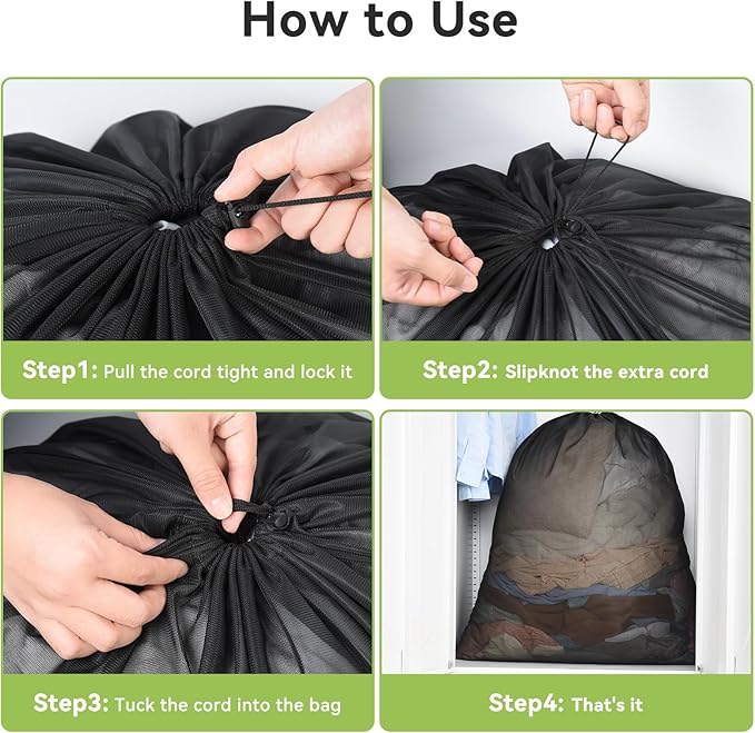 OTraki Ex-Large Mesh Laundry Bags 36x43 Inch Drawstring Laundry Bag 2 Pack Dirty Clothes Mesh Net Bag Heavy Duty Travel Storage Organize Bag for Hotel Beach,Don't Drying, Melting 140-176℉ Black