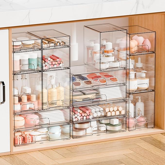 Yieach 12.2''W Clear Stackable Storage Drawers,4 Pack Acrylic Drawers,Bathroom Organizer Bin and Plastic Makeup Organizer,Clear Stacking Brightroom Storage Boxes for Vanity,Cabinet,Pantry Organization