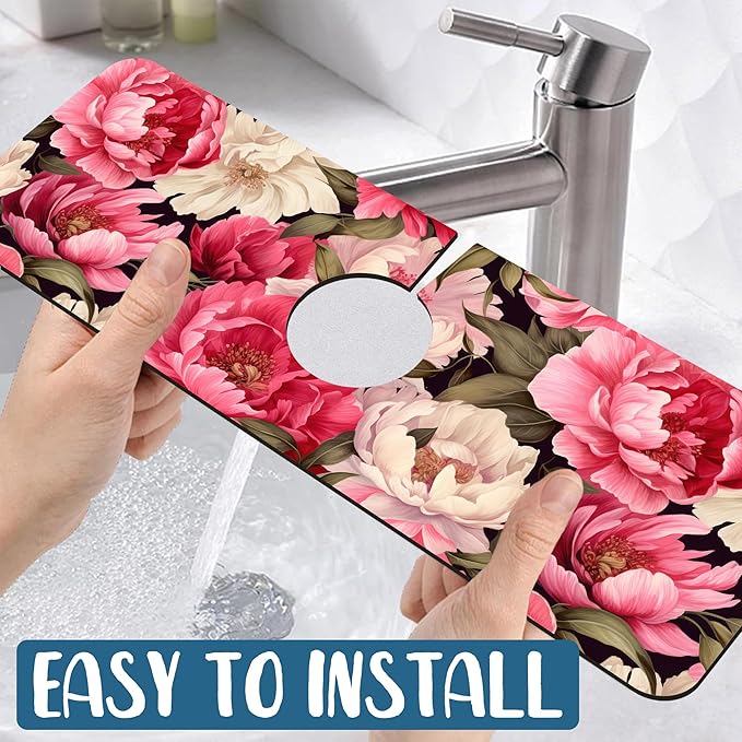 Garden Flowers Sink Splash Guard Faucet Mat Watercolor Peonies Super Absorbent Fast Drying Mat Sink Gadgets-Splash Guard Behind Faucet Drip Catcher for Kitchen Bathroom, 15.5"x5.5"