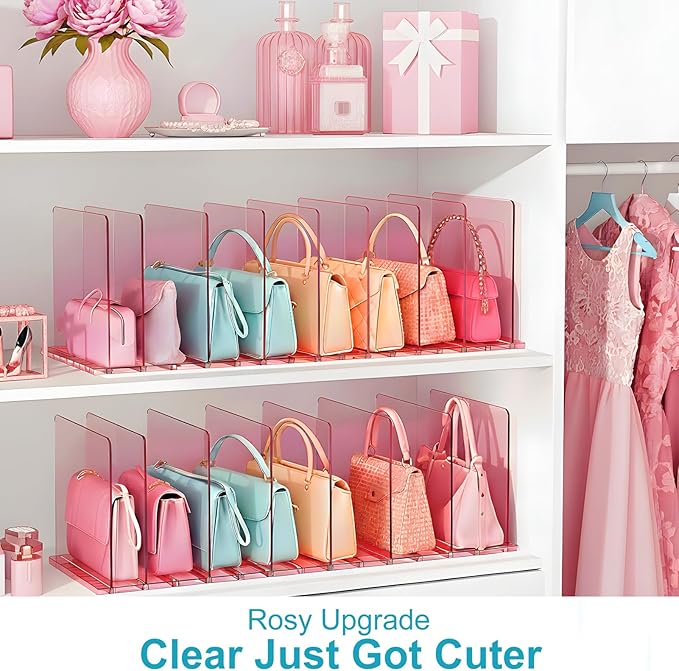 Purse Organizer for Closet: Shelf Dividers Adjustable Acrylic Bag Closet Organizers and Storage Pink 4 Bases 14 Shelves