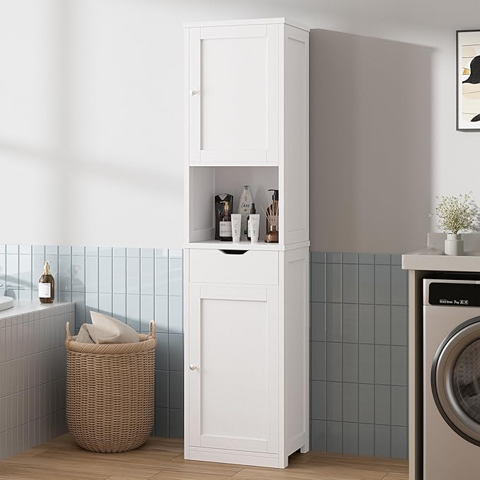 Walsunny Tall Bathroom Storage Cabinet with Freestanding Adjustable Shelves, Narrow Storage Linen Cabinet with 2 Doors and 1 Drawer for Bathroom, Living Room, Kitchen(White)