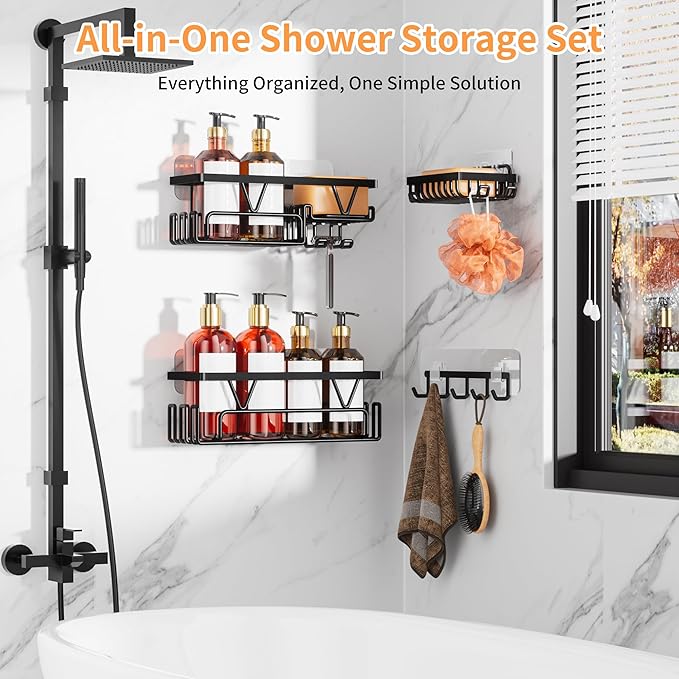 KEGII Adhesive Shower Caddy 4 Pack, No Drilling Shower Organizer with Towel Rack, Hooks & Soap Holder, Self-Adhesive Bathroom Shelves Rack for Space-Saving Storage