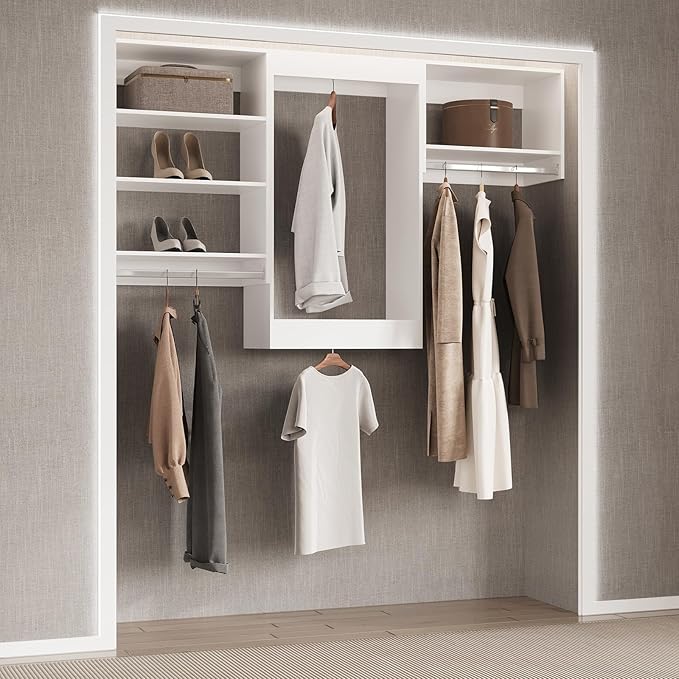Medium Double Hanging Closet Unit, Modular Closet System, Wood Closet System Organizer with Storage for Walk In Closets, Clothing Rack Closet for Hanging Clothes, Bedroom, White, 28.5"W