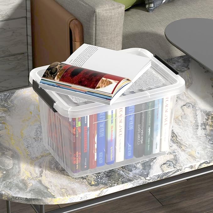 Yuright 20 Quart Clear Lidded Storage Bins, Plastic Organizing Box with Handle, 4 Pack