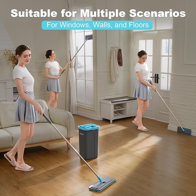 JOYMOOP Microfiber Mop Pads Replacement for JOYMOOP Flat Mop Bucket Set, Pack of 4 Refills 13-inch - Grey & Cyan Blue
