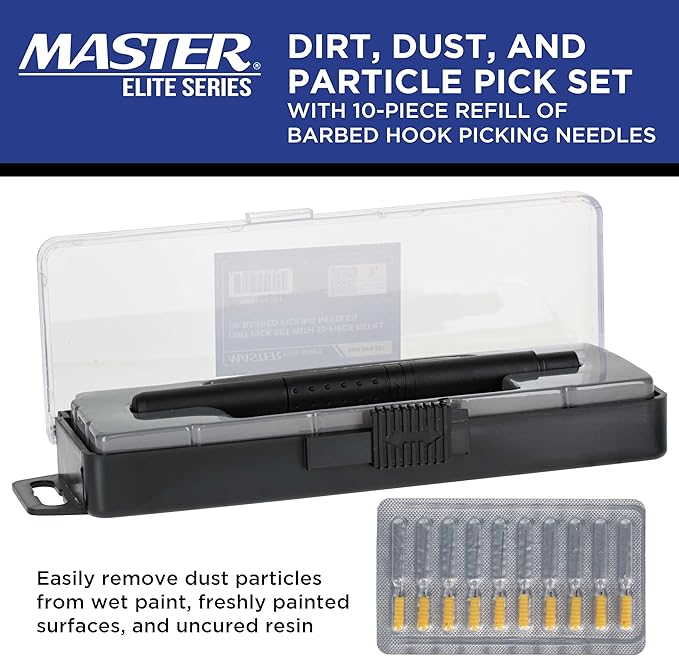 Master Elite Dirt, Dust, and Particle Pick Set with 10-Piece Refill of Barbed Hook Picking Needles - Easily Remove Dust Particles from Wet Paint, Freshly Painted Surfaces, Resin, Auto Finish Coatings