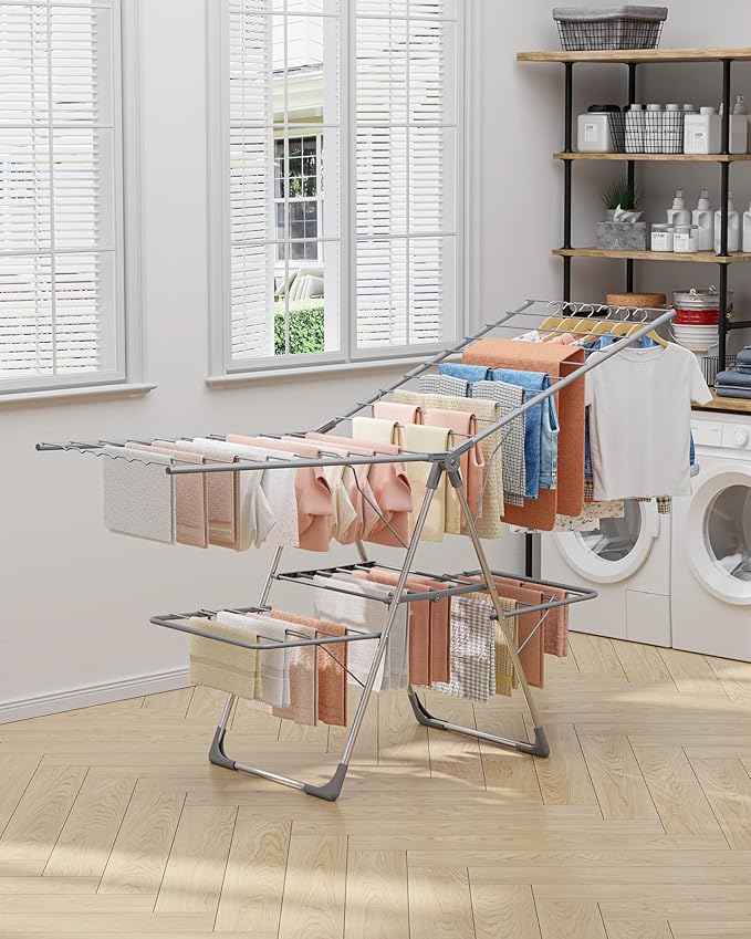Sakugi Clothes Drying Rack, Foldable 2-Level Laundry Drying Rack with Height-Adjustable Wings, for Clothing & Bedding, Free-Standing Space-Saving Rack, Indoor & Outdoor, 70" L × 22.8" W, Gray