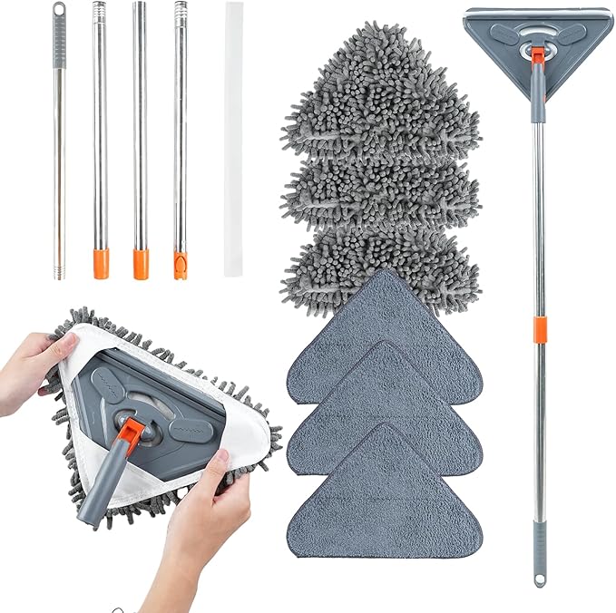 Long Handle Wall Mop & Baseboard Cleaner - Multi-Surface Dusting Tool for Walls, Floors, Baseboards - Wet/Dry Cleaning Mop with Adjustable Handle (Home & Kitchen Use)