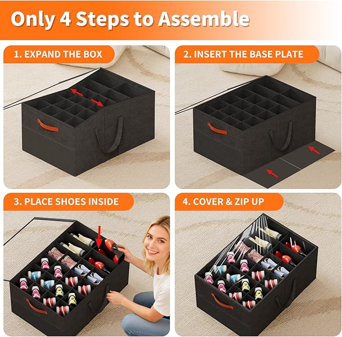Aokeyee 2 Pack Shoe Organizer for Closet, Large Shoe Storage Box Fits up to 48 Pairs, Space Saving Foldable Shoes Organizer Bin w/Clear Cover and 4 Reinforced Handles, Black