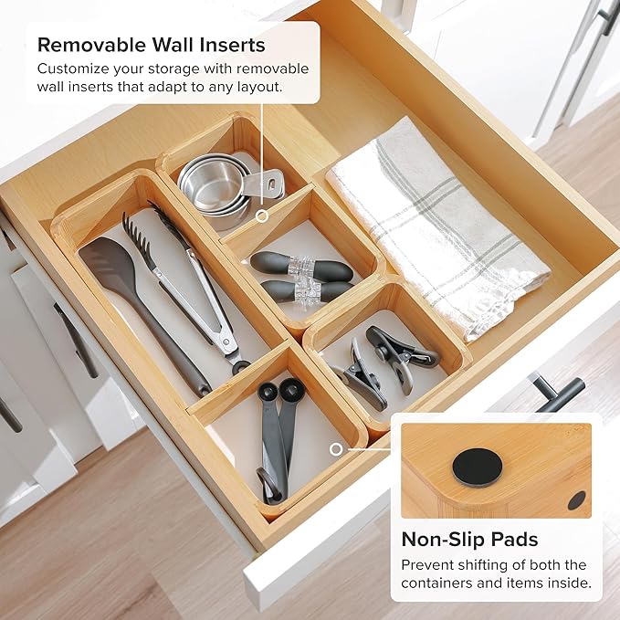 Modular Drawer Organizer Set – Kitchen Edge Storage with 3 Containers & 5 Compartments, Magnetic with Removable Inserts, Stackable, Rubber Liners & Non-Slip Base, 9in x 13.5in x 2.4in, 100% Bamboo