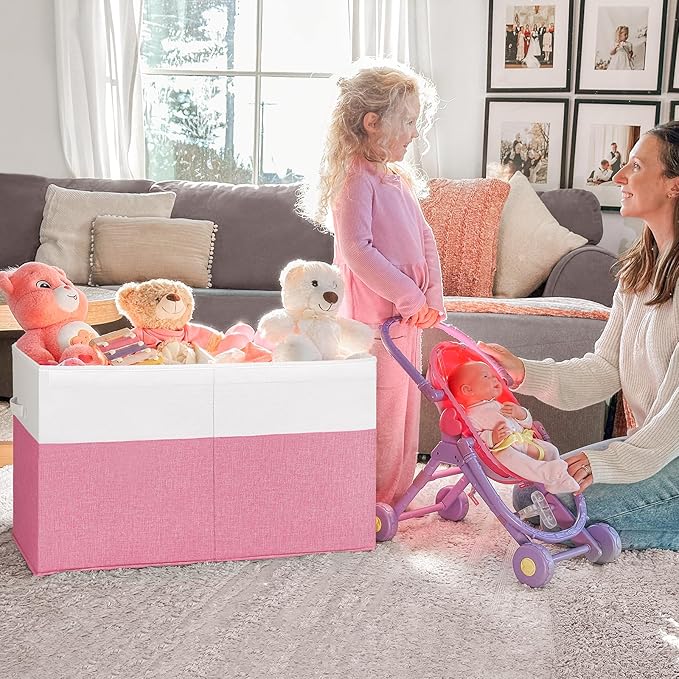 INDRESSME 25"x13"x16" Large Toy Storage Box with Lid, Collapsible Storage Organizer Baby Toy Storage for Kids Boys Girls, Toy Bin Organizer for Nursery, Bedroom, Living Room (Pink & White)