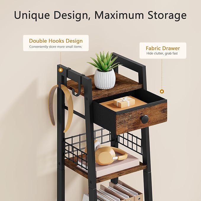 4-Tier Narrow Ladder Shelf with Drawer, Bathroom Table Stand for Small Space, Narrow Bathroom Standing Shelves with Storage for Living Room Bedroom Kitchen, Organizer Shelf, Rustic Brown
