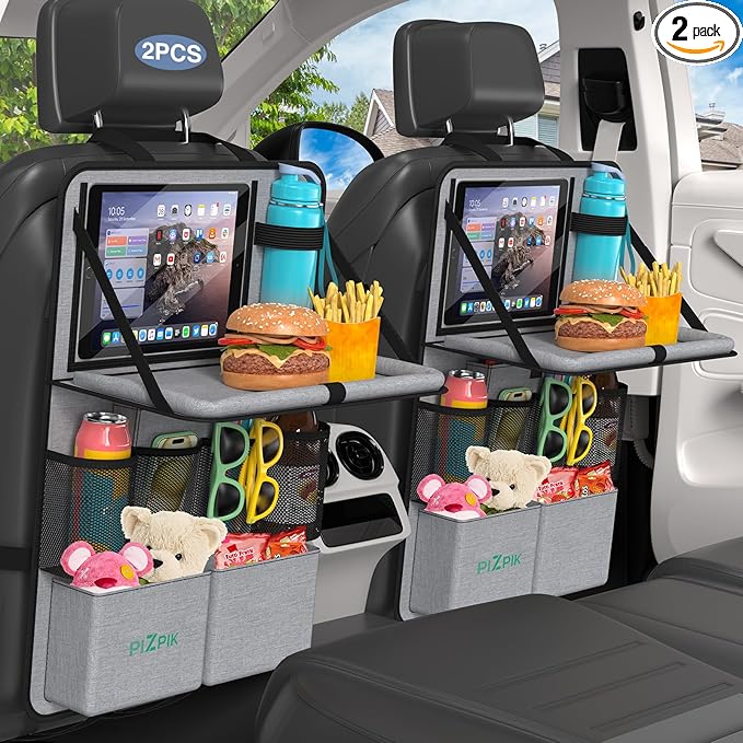 Car Backseat Organizer with Tablet Holder,11 Storage Pockets with Foldable Food Tray, Protector Kick Mats for Kids, Travel Accessories Organizer (Gray, 2Pack with Food Tray)