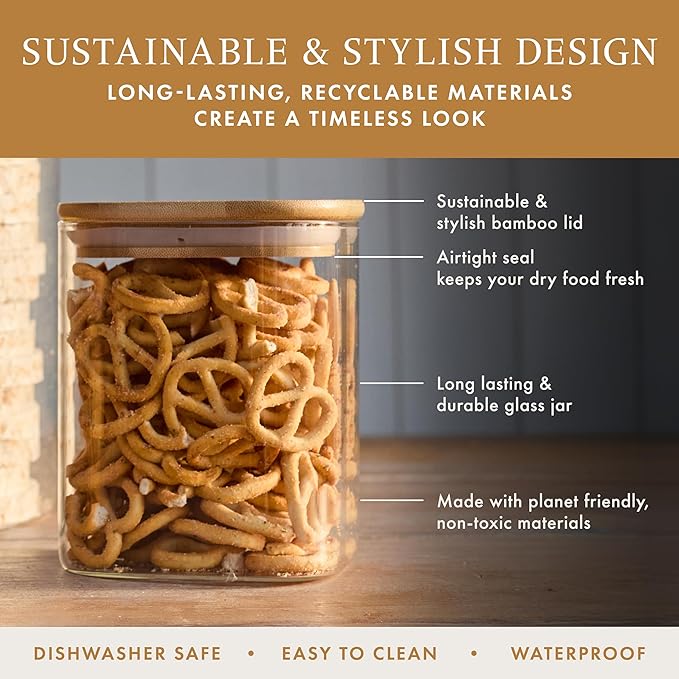 Livabl Glass Pantry Storage Containers with Lids- 165 Pantry Labels– Set of 5 various Sizes- Glass Canisters with bamboo lids-Perfect Pasta, Flour food Storage Containers-Airtight-Kitchen Canisters