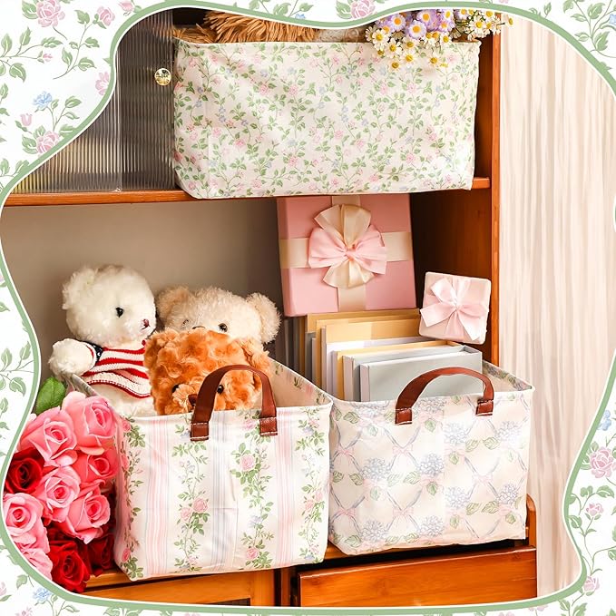 Boao 3 Pcs Blue Hydrangea Storage Bin Fresh Style Floral Collapsible Large Storage Baskets for Gifts Canvas Laundry Basket Foldable Box with Handle for Office Home Bedroom Clothes