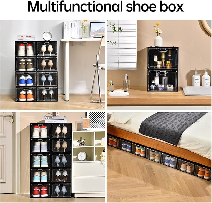 INSTY 12 Pack Large Shoe Storage Box, Clear Shoe Storage Organizer with Magnetic Door, Stackable,Shoe Containers For Display Sneakers, Easy Assembly, Fit up to US Size 12, Black