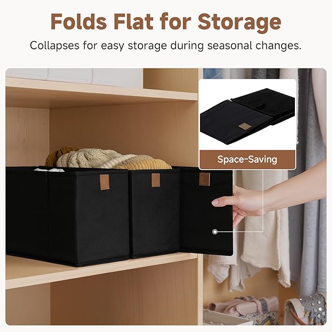 StorageWorks Long Narrow Storage Basket, Collapsible Fabric Storage Bins, Small Baskets for Organizing with PU Handle, Great for Clothes, Towels, and Socks, Black, 2-Pack