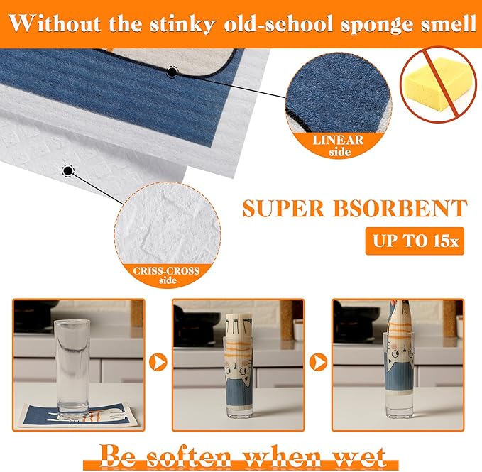 Patelai 6 Pieces Cat Swedish Kitchen Dish Towels Kitchen Cloths Reusable Sponge Cleaning Absorbent Dish Cloth No Odor Cat Hand Towel Quick Drying Washable Cleaning Wipes