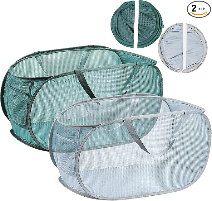 2PCS Mesh Laundry Hamper,Collapsible Laundry Baskets,75L Large Foldable Dirty Laundry Clothes Hamper Storage Basket Horizontal with Side Pocket&carry Handle for Home Travel grey Emerald