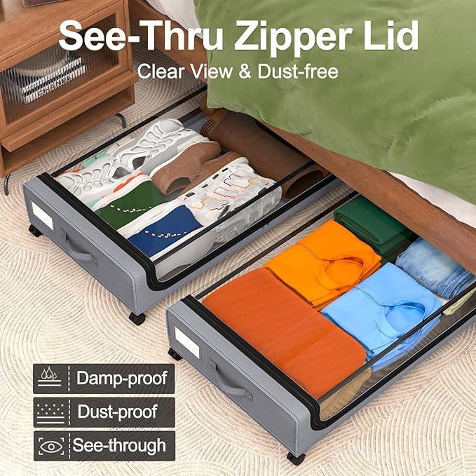 GoMaihe Under Bed Storage with Wheels: 70L Underbed Storage Containers with Lids - Rolling Bins for Shoes Clothes in Dorm Bedroom - Metal Drawers Easy Pull-out Grey 2-Pack