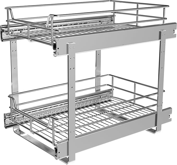 JOWBOOW 2-Tier Cabinet Pull Out Shelves (14" W x 22" D), Slide Out Shelves for Kitchen Cabinets, Metal Under Cabinet Roll Out Shelf