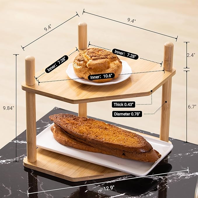 2-Tier Expandable Bamboo Corner Shelf - Dish/Plate Organizer for Cabinet, Kitchen Counter Shelf & Small Kitchen Shelf, Adjustable (1, 6.7" H)