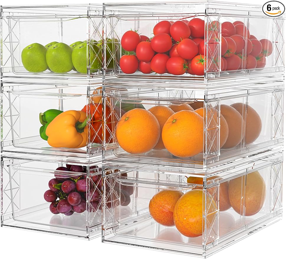 6 Pack Stackable Storage Drawers,Clear Fridge Organizer with Handles and Movable Dividers,Pull-Out Acrylic Drawer Organizer for Pantry, Bathroom,Kitchen Undersink,Cabinet