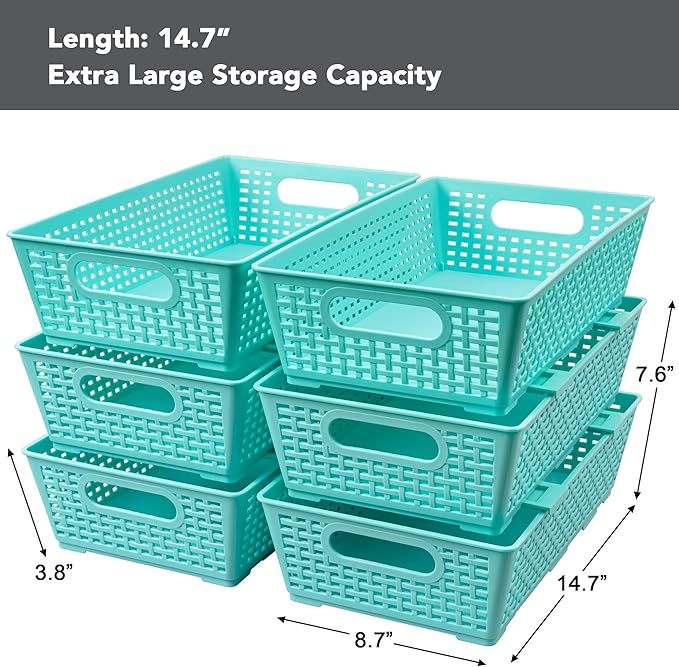 Tiawudi Stackable Woven Plastic Basket, Storage Bins for Cabinet, Closet, Shelf, Under Sink and Countertop, Pantry Organizer Bins, 6 Pack