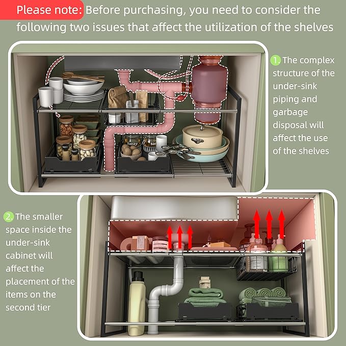 NETEL Under Sink Organizers and Storage,Kitchen Cabinet Organizer,2 Tier Under Sink Expandable Shelves，Bathroom Cabinet Organizer with Pull Out Drawers,(30.9-31.64)" W x 14.69" D x 15.83" H,Black