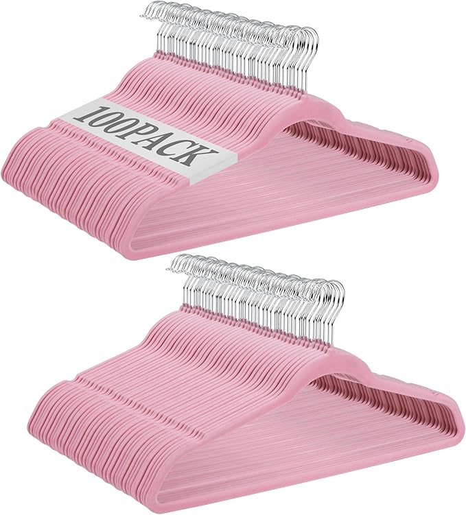 SUPER DEAL Velvet Hangers 100 Pack, Premium Clothes Hanger Slim Non-Slip Notched for Suit Coat Pants Dress, 360 Degree Swivel Space Saving Heavy Duty for Closet, Pink