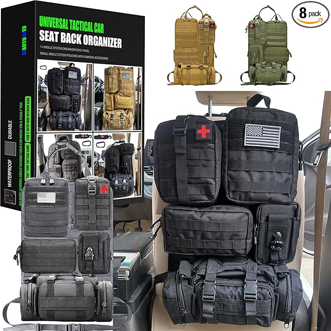 7 PACK Tactical Seat back organizer Truck organizer With 6 Detachable Pouches Universal For Car Truck Ford Jeep Military-Grade Heavier Panels With Multi-functional Packs (6 pack Black)