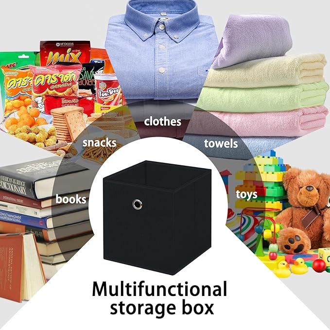 13 inch Record cubes storage bins,collapsible fabric storage cubes Decorative storage basket,apply to clothes organizer box,shelves in closet,laundry,daycare centers,offices,6 Pack(Black) ﻿
