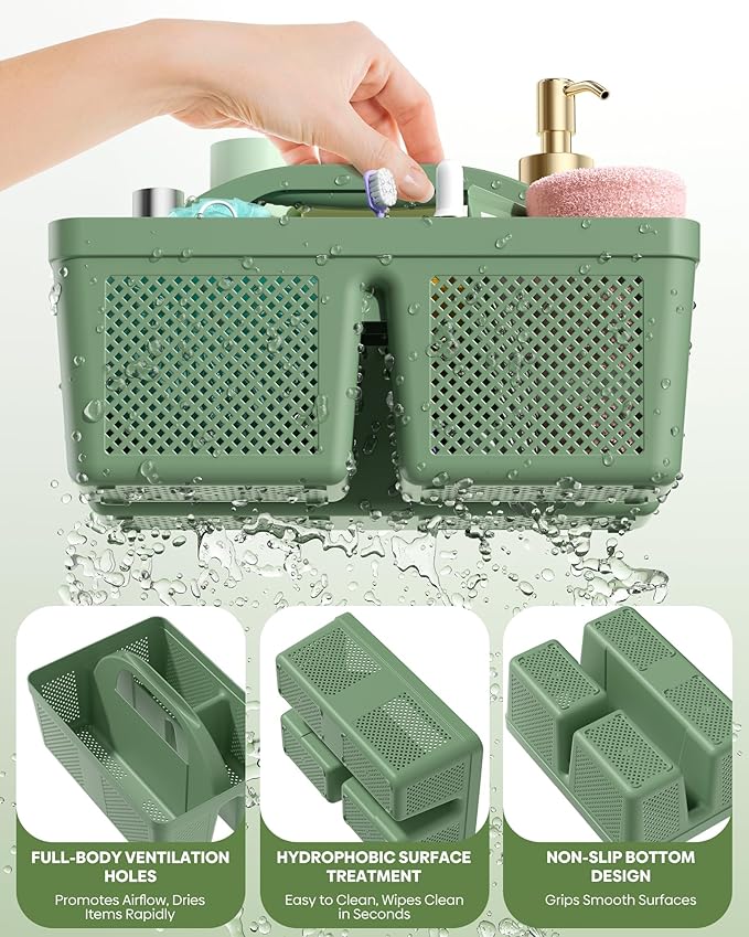 MLIKLU 4 Pack Portable Shower Caddy, Integrated Handle, Reinforced Plastic, Quick-Dry Ventilation Holes, Multi-purpose Storage Basket for Home, Dorm and Bathroom, Kitchen, Under Sink Storage, Green