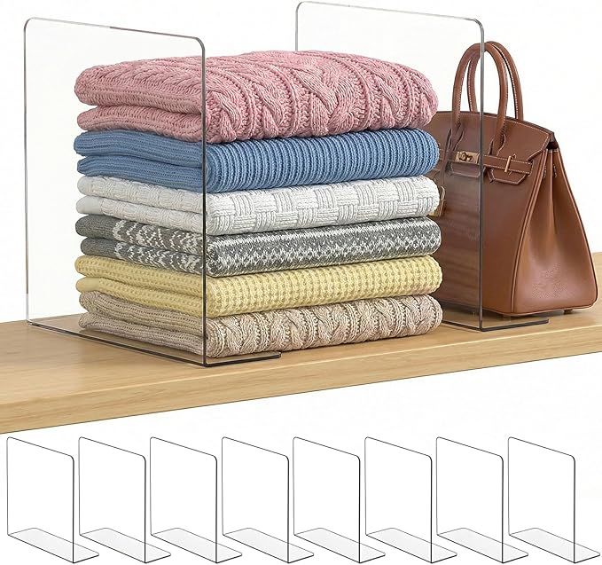 Shelf Dividers for Closet Organization: 12" Tall x 12" Deep, Taller Adhesive Separators Features Acrylic Material and Provides Storage for Clothes and Purses in Bedroom Cabinets(8-Pack)