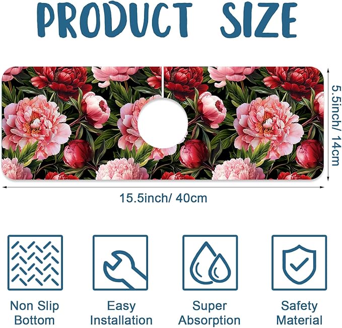 Blooming Peony Kitchen Sink Splash Guard Faucet Mat Pink Peony Flowers Super Absorbent Fast Drying Mat Sink Splash Guard Behind Faucet for Kitchen Bathroom, 15.5"x5.5"