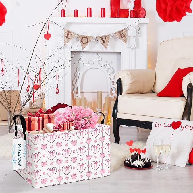 LANGYASHAN Rectangular Storage Bin Collapse Canvas Fabric Cartoon Storage Basket with Handles for Organizing Home Kitchen Boys and Girls Toys Office Closet Shelf Baskets (Rec Pearl Heart)