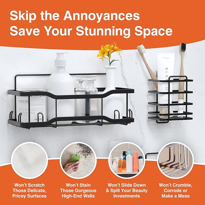 Shower Caddy Bathroom Shelves, The Athena Silken 4 Set, 40LB Capacity, Adhesive Tape No Drill - Rustproof -Gorgeous Powder Coated 304 Stainless Steel Shower Organizer for kitchen & Home Decor - Black