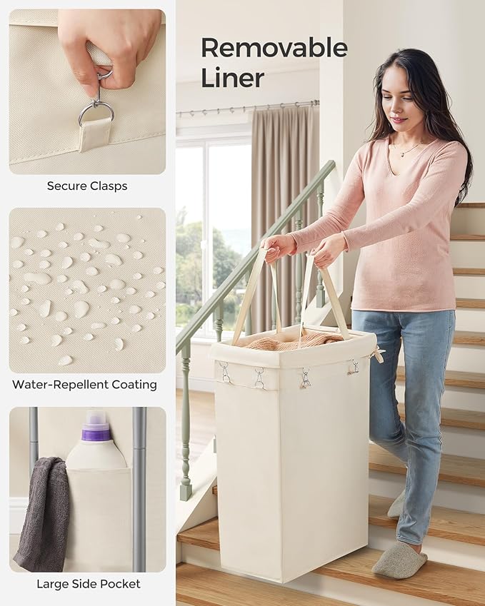 SONGMICS Laundry Basket with Wheels, Rolling Laundry Hamper, 23.8 Gallons (90 L), Removable Liner, Steel Frame with Handle, 24 x 11.4 x 31.9 Inches, Cream White URLS003W01