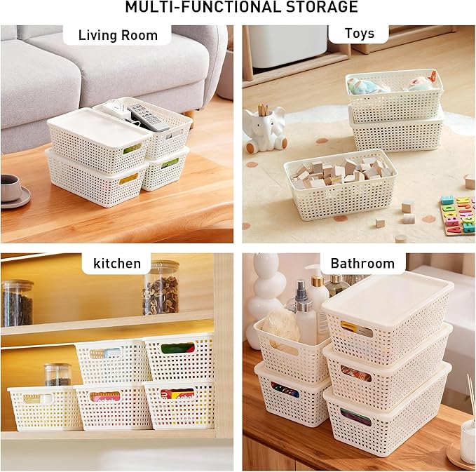 Plastic Storage Baskets With Lid, Storage Bins for Organizing, Stackable Decorative Containers for Shelves Drawers Desktop Closet Playroom Classroom Office, 6 Pack- White