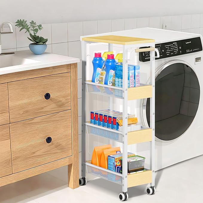 Utility 4 Tier Rolling Cart for Small Spaces, Slim Storage Cart with Wheels, Metal Narrow Kitchen Rolling Storage Cart with Wood Top& Handle for Laundry Room, White Thin Rolling Cart 7.9"(W)