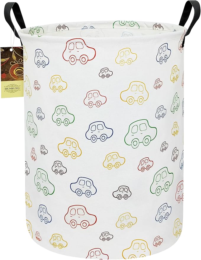 HUNRUNG Laundry Hamper,Large Canvas Fabric Lightweight Storage Basket Toy Organizer Dirty Clothes Collapsible Waterproof for College Dorms（Round-Car）