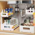 L-Shaped Metal Under Sink Organizer, 2-Tier Double Pull-Out Cabinet Organizer for Kitchen & Bathroom Storage, Height Adjustable, Smooth Cylinder Rail, White, 2 Packs