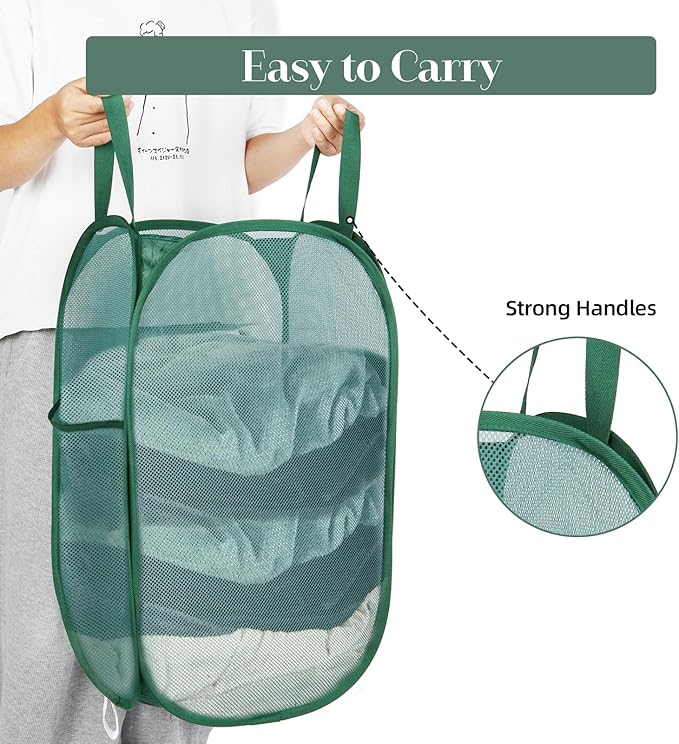 Durable Collapsible Laundry Baskets, Tear-resistant Pop Up Hamper for Laundry, Foldable Clothes Hamper with Reinforced Carry Handles Handy Pocket for Laundry Room, Bathroom, Dorm or Travel Emerald