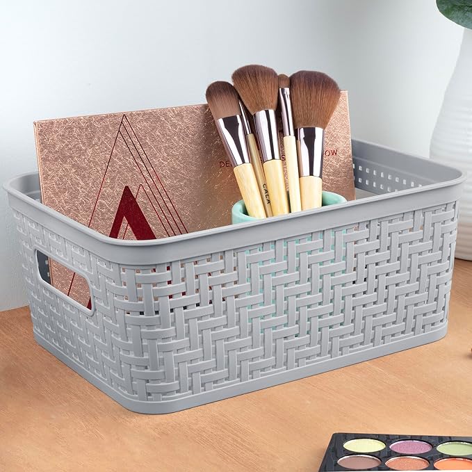 Sterilite 8 Pack Plastic Storage Bin Organization Containers, Small Baskets, Cement