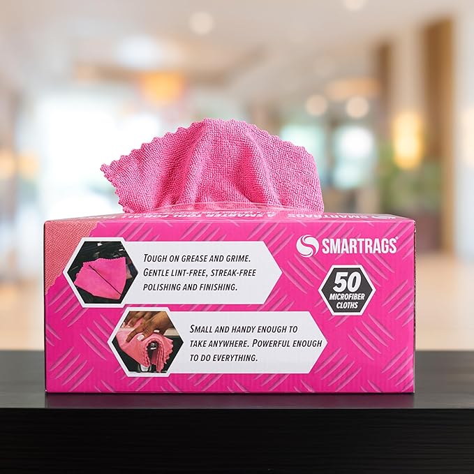 Arkwright Smart Rags in Box - (Pack of 50) Lint Free Microfiber Cleaning Cloth, Scratch & Streak-Free, Dispensable Wash Towels for Cars, Window Glass, and Auto Shop, 12 x 12 in, Pink