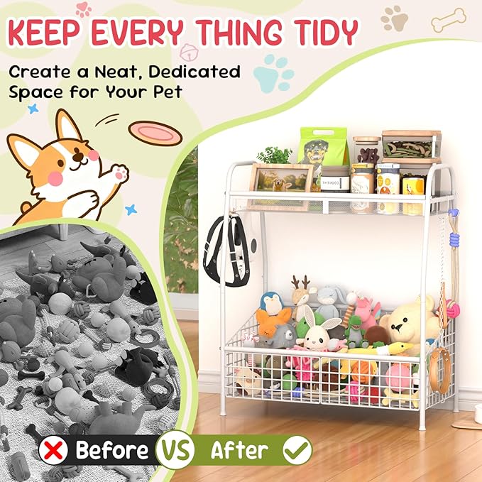 Indestructible Large Dog Toy basket, Toy Box for Dogs,Pet Toys Bin Dog Metal Wire Basket for Toys, Food Storage, Storage Organizer Chest Storage, Toy Box for Living Room Area (White)