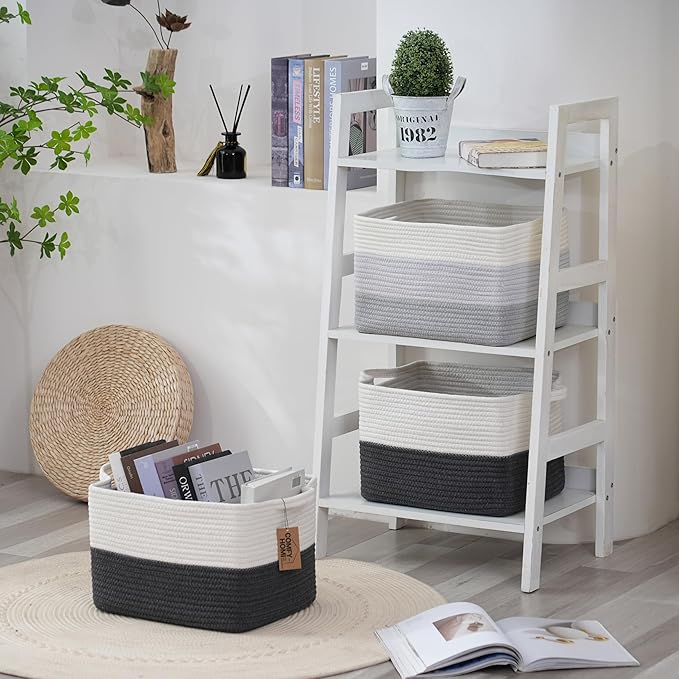 COMFY-HOMI 3PACK Cotton Rope Square Basket with Handles for Shelves| Storage|Baby Basket for Gif|Shoe basket for Organizing|New13.5" x 11" x 9.5" for Living Room（White/Dark Grey）