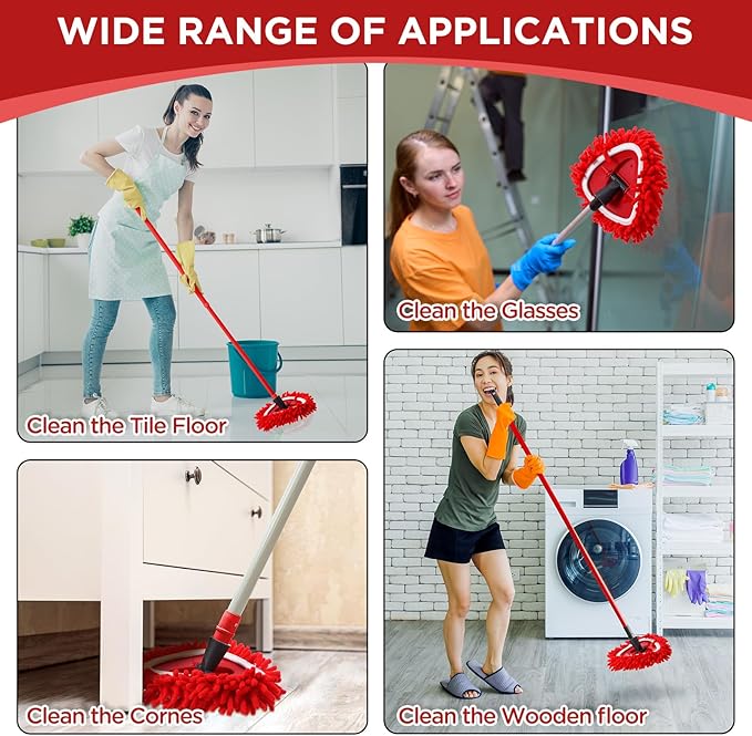 Baderke 3 Pack Chenille Mop Heads Replacements Compatible with 1 Tank System Chenille Duster Replacement Heads Microfiber Spin Mop Refill Pads Reusable Dust Refills for Floor Cleaning (Red)